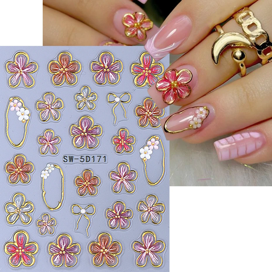 5D Embossed Hibiscus Flower Nail Sticker Colorful Flower Petal Slider Decal DIY Manicure Art Decoration Accessories Tools Salon