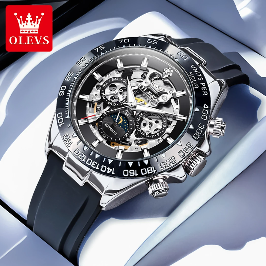 

OLEVS 6713, модные механические часы, подарок, силиконовый ремешок для часов с круглым циферблатом, наручные часы с календарем фаз Луны, светящийся