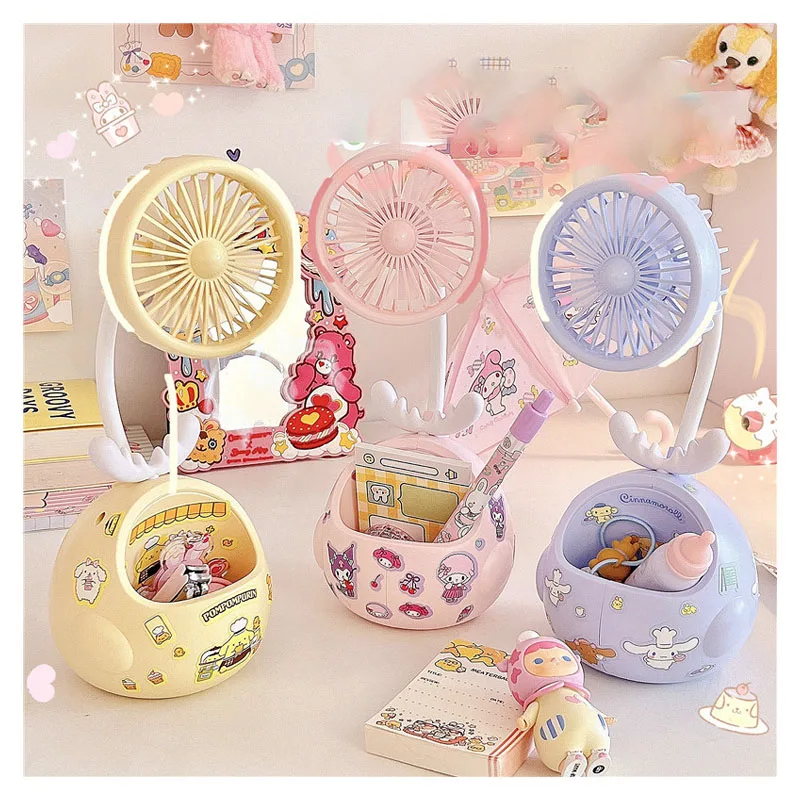 27Cm Sanrios Kawaii Cartoon My Melody Kuromi Cinnamoroll Macaron Desktop Pen Holder Storage Fan Usb Cute Adjustable Storage Fan