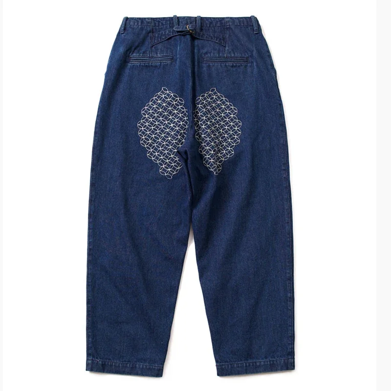 Japanese Retro Ethnic Style Craftsmanship Embroidery Pattern Washed Thick Denim Jeans Men's Loose Wide Leg Chrysanthemum Pants