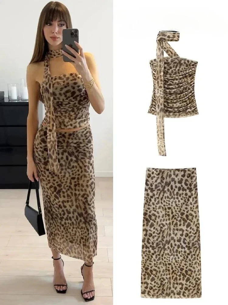 

BWQ винтажный комплект с юбкой для женщин, весна 202, повседневный костюм с леопардовым принтом, юбка трапециевидной формы с высокой талией + воротником-халтер, трубка с открытыми плечами