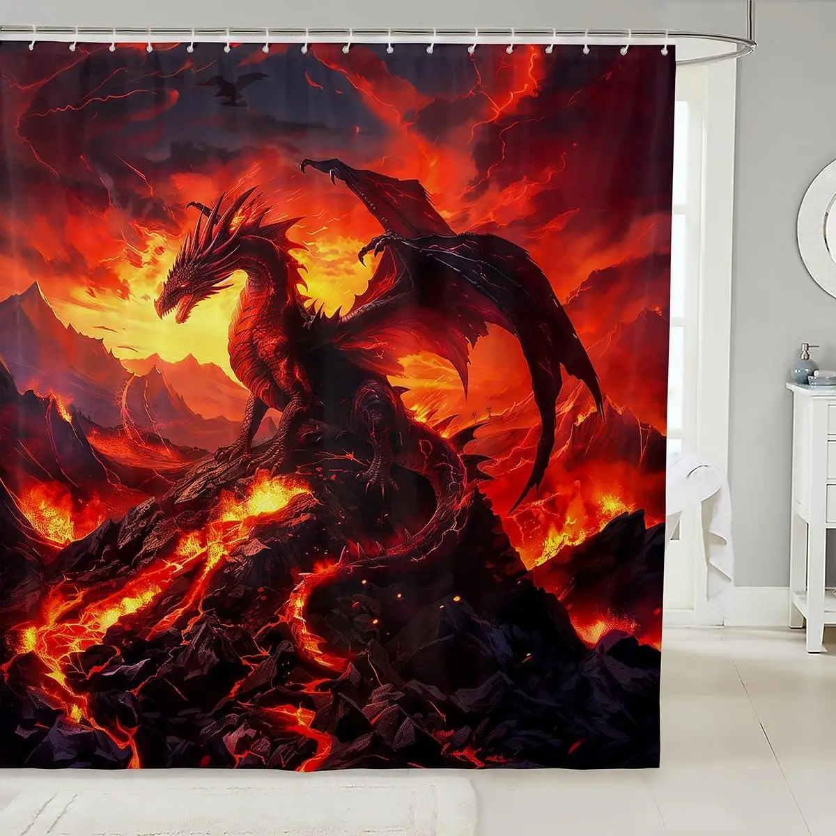 

Western Dragon Shower Curtain Volcano Flame Mountain Mystery Ancient Animals Retro Country Bathroom Decor Hooks