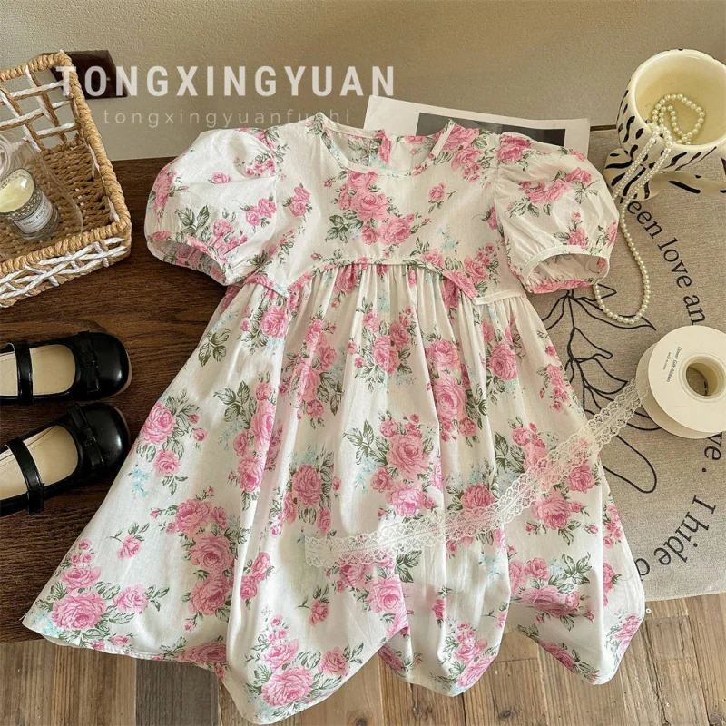 

South Korea Girls' Elegant Floral Dress Summer New Children's Western Style Pastoral Style Printed Princess Dress