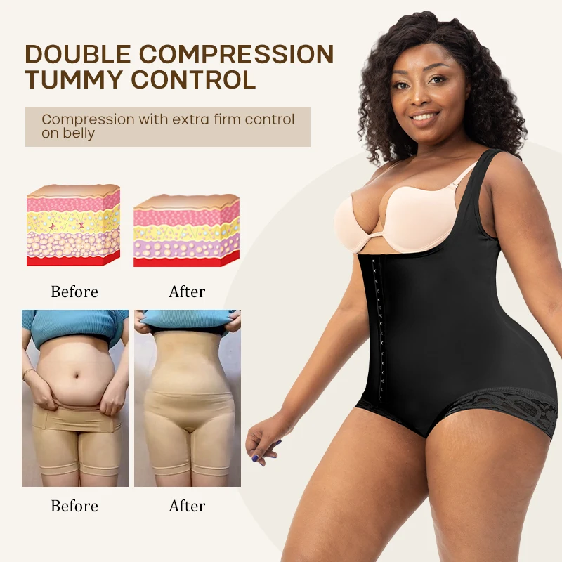 Women Plus Size Slimming Waist Body Shaper Tummy Control Hip Enhancer Shapewear Bodysuit Faja With Adjustable Hooks Crotch