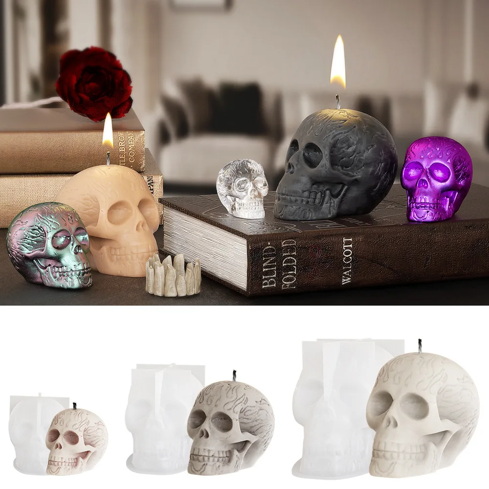 Multi Größe Schädel kopf Silikon form 3d Flammen muster Schädel kopfform für Seifen harz Gips machen Familien feier Dekoration Geschenk