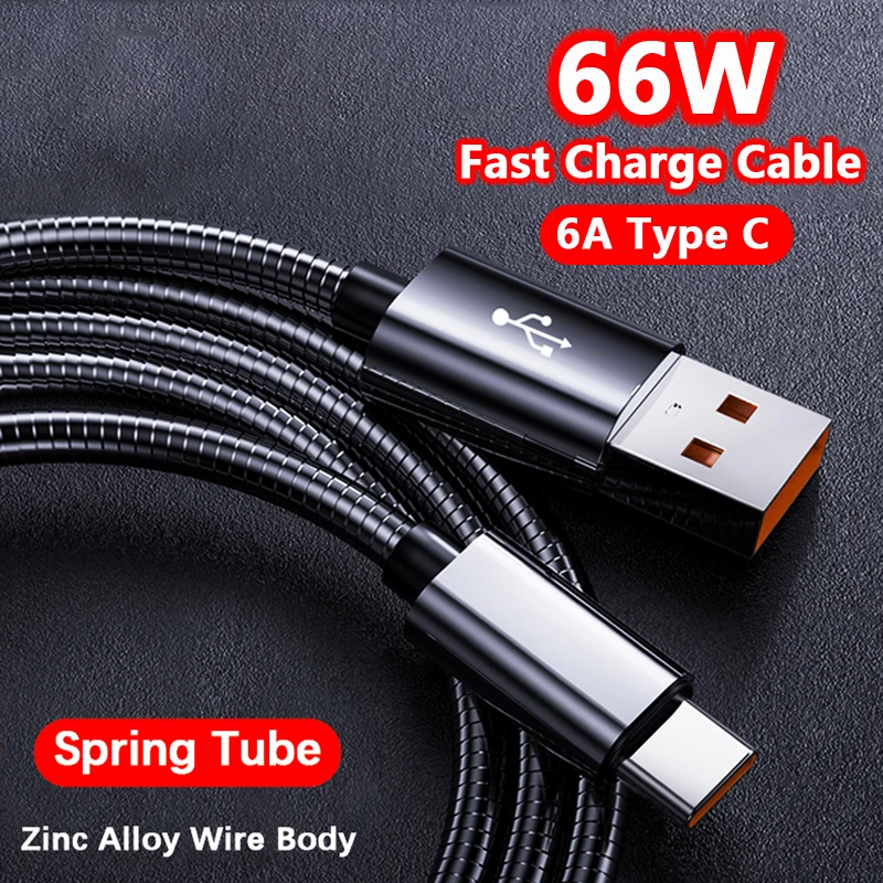 66W 6A Type C Charge Data Cable Spring Metal Braided For Xiaomi 12Pro  K60 Samsung S6 S7 Huawei P40 P60 Android Phone USB C Cord