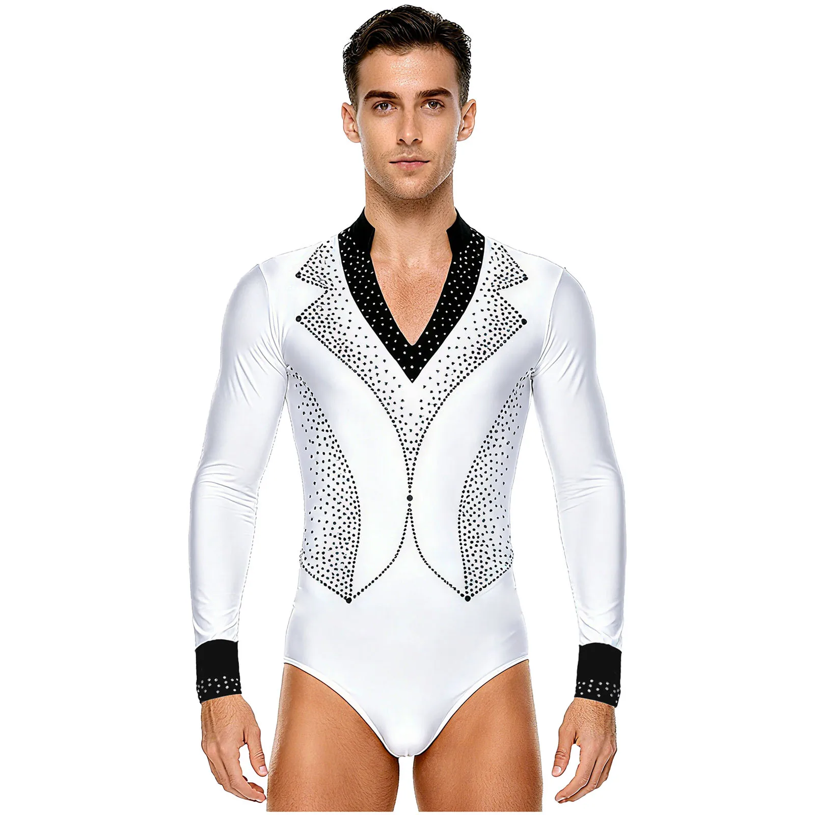 

Men Figure Skating Shiny Rhinestones Bodysuit Long Sleeve Openable Crotch Leotard for Latin Ballet Dance Proms Dance Jumpsuits