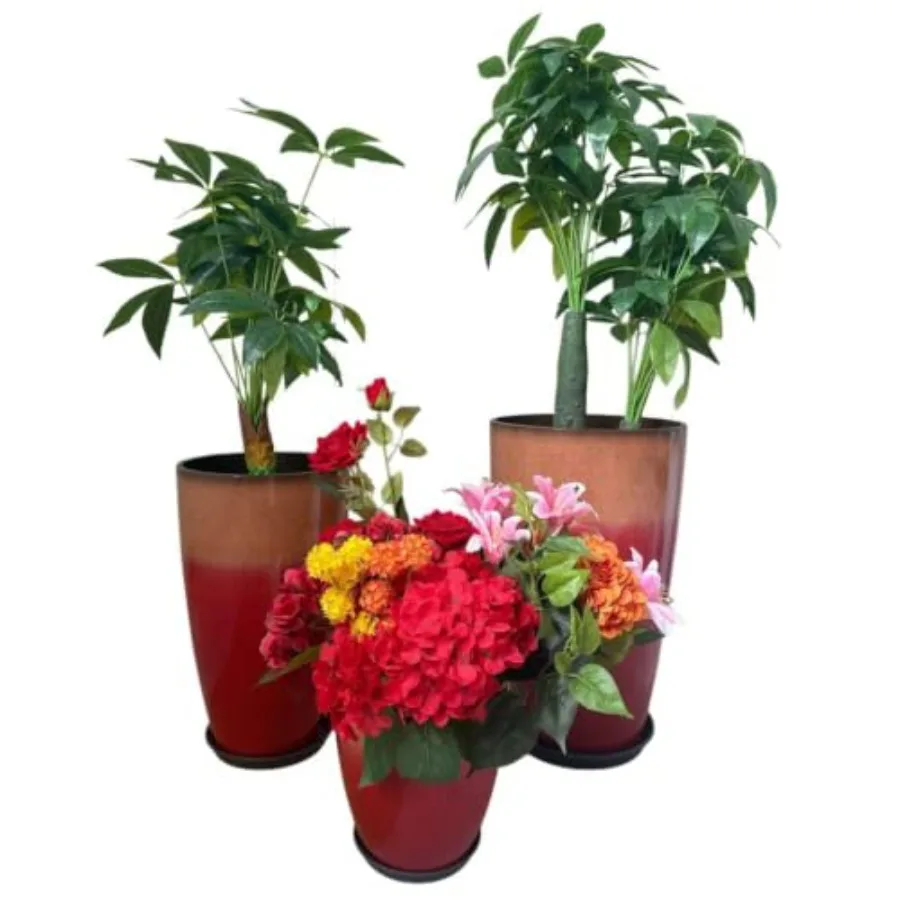 Indoor/Outdoor use, plastic, black, lightweight with drainage holes and saucers for 24, 21, 11 inch tall round planters set of