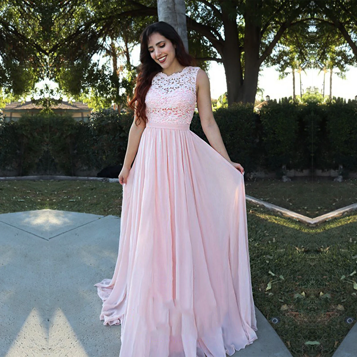 Floor Length Lace Chiffon Prom Gowns For Party Sweetheart Neckline Long A Line Bridesmaid Dress Pink Maid Of Honor Dress