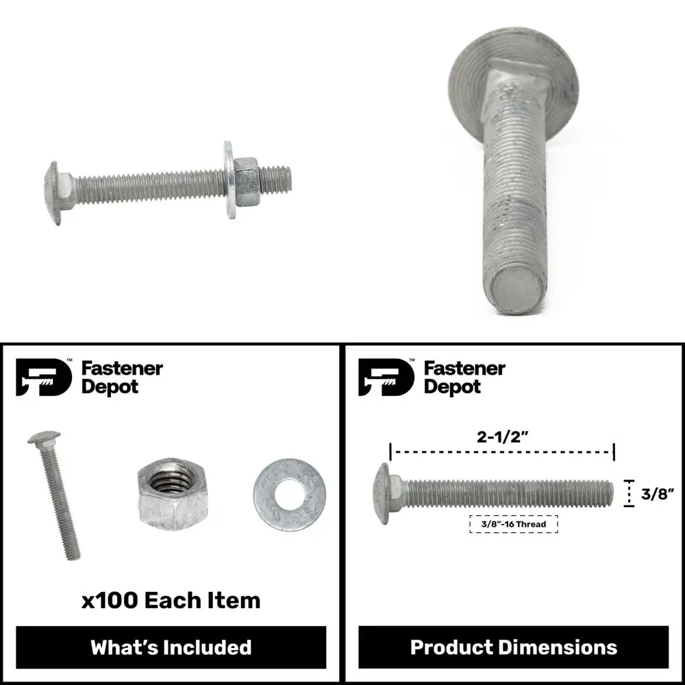 

3/8-16 x 2-1/2 (100 шт.) Комплект оцинкованных болтов с кареткой, класс 307А, в комплект входит: плоские шайбы USS (100 шт.) и шестигранные гайки (100 шт.),