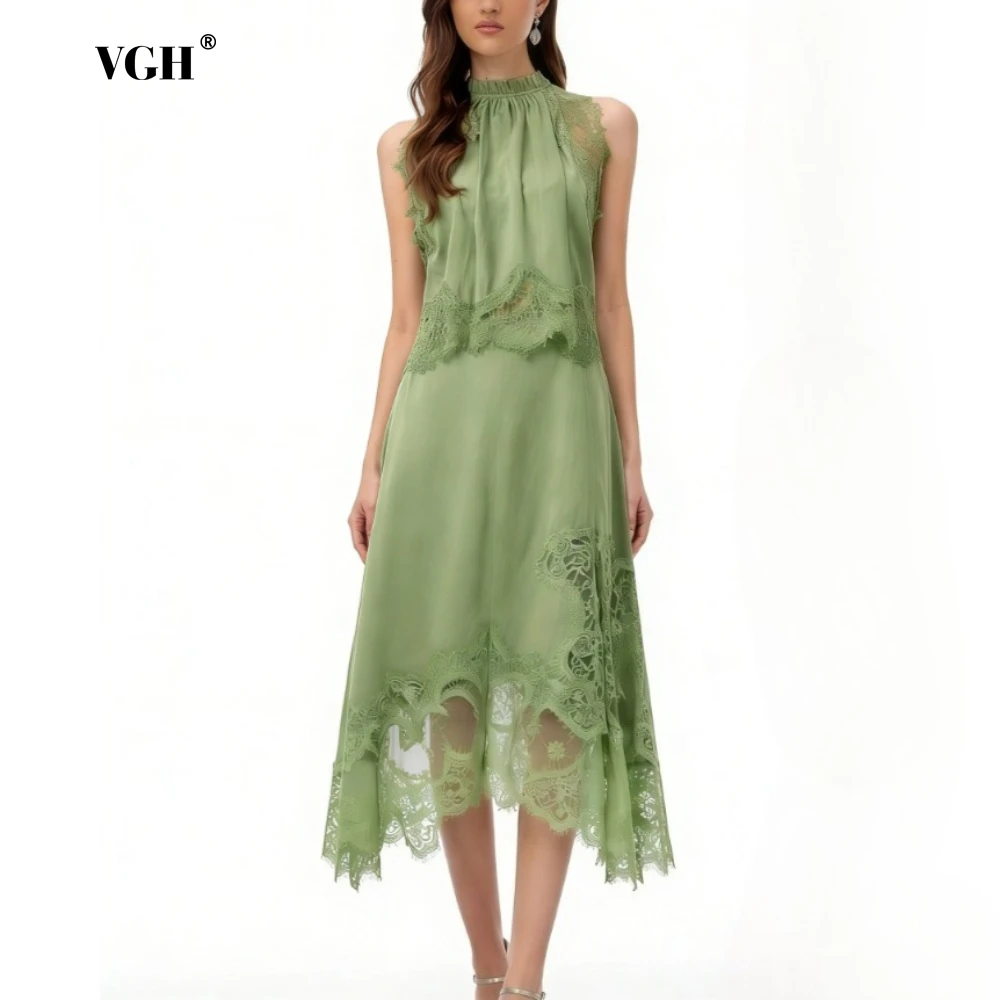 

VGH Solid Spliced Hollow Out Two Piece Set Female O Neck Sleeveless Shirt Vintage French Women's Skirt Sets Summer Fashion New