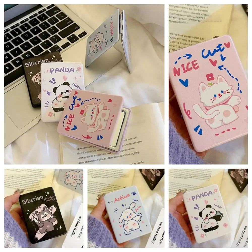 Portable PU Folding Makeup Mirror High Definition Foldable Foldable Cosmetic Mirror Panda Cat Rectangle Pocket Mirror Travel