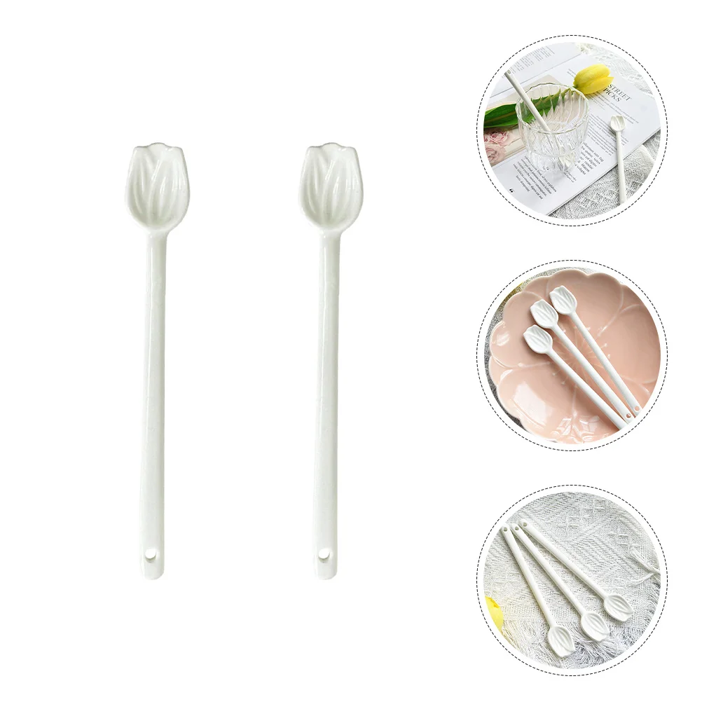 

2Pcs Ceramic Coffee Spoon Tulip Flower Shape Small Soup Dessert Spoon Multipurpose for Kitchen Home Restaurant