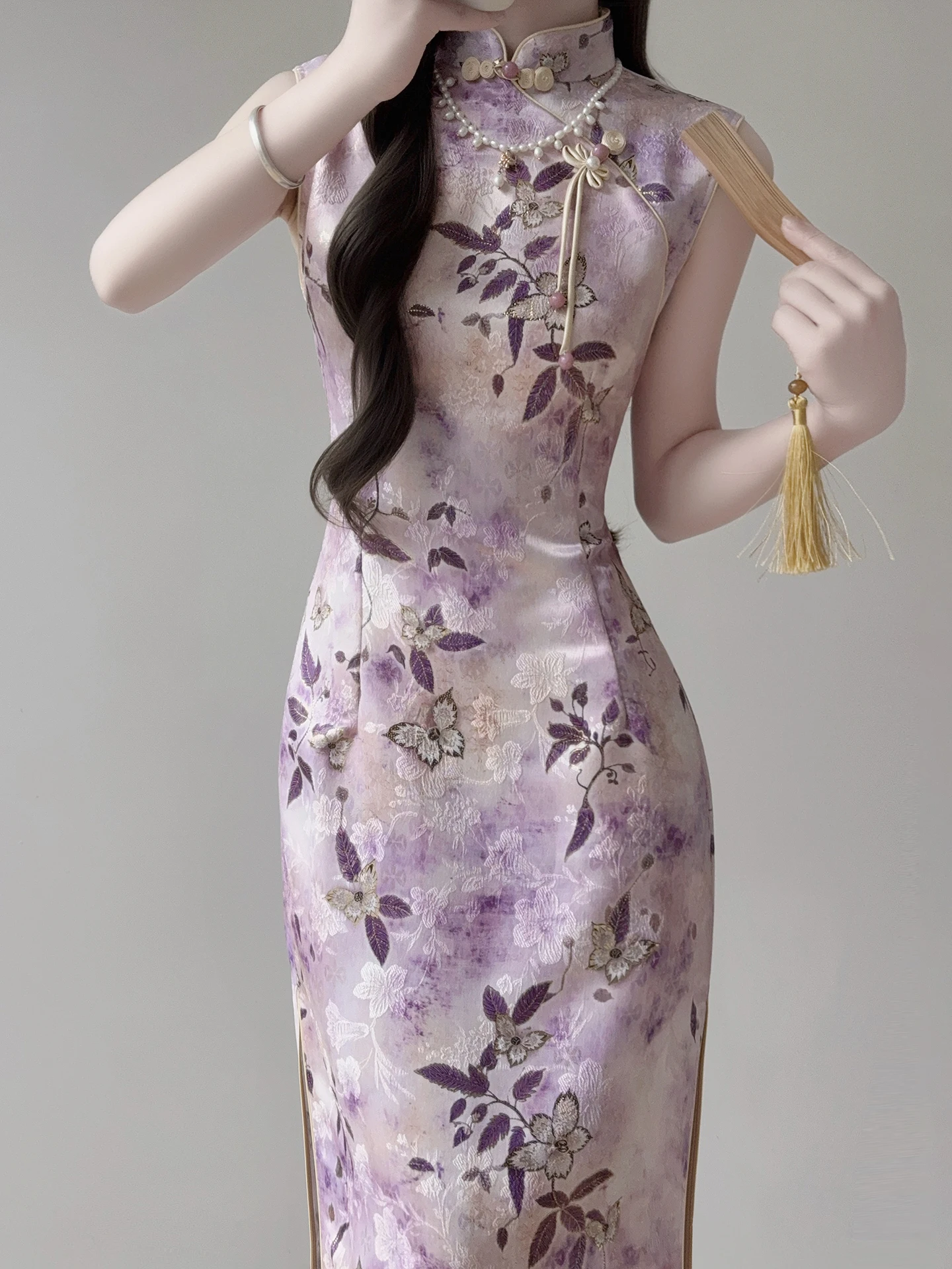 

Элегантное длинное платье-ципао Ting Yue Ling, новинка лета 2026, фиолетовое, повседневное, в китайском национальном стиле, уникальное, без рукавов, с воротником-стойкой