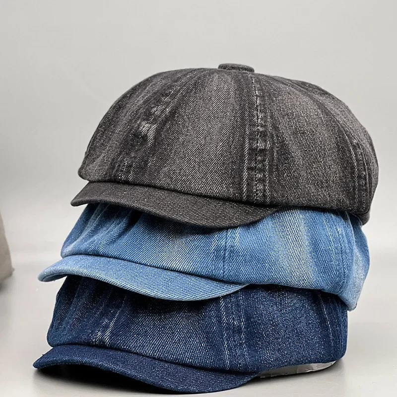 

Idopy Washed Denim Newsboy Cap 8 Panel Baker Boy Leisure Work Travel Photography Flat Hat Cabbie Driving Jean Painter Beret