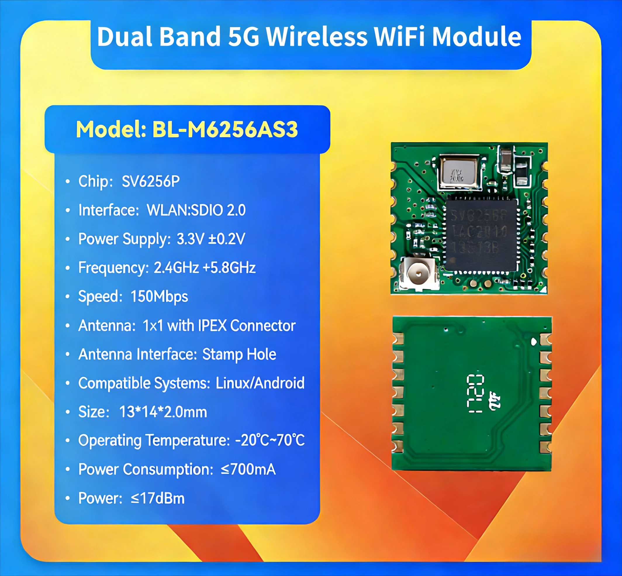 M6256AS3 SV6256P Dual Band 2.4G/5G Wireless WiFi Module SDIO Interface for Drone FPV Video Transmission