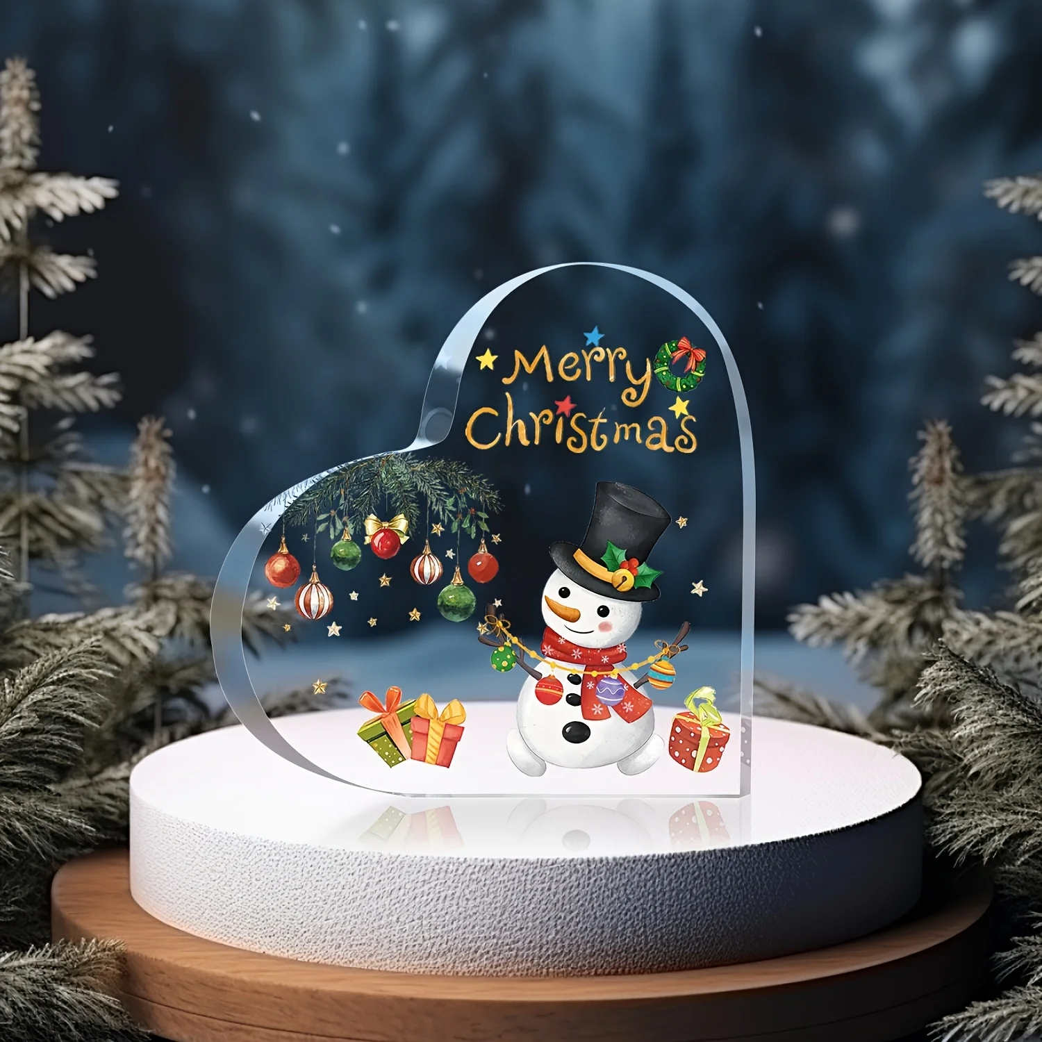 Heart-Shaped Acrylic Christmas Centerpiece with Snowman - Merry Christmas Sign & Festive Ornaments, Battery-Free Holiday Table Decor for Parties, Home, or Unique Gift, Classic English Style, Irregular Shape, Christmas Decorations for Home