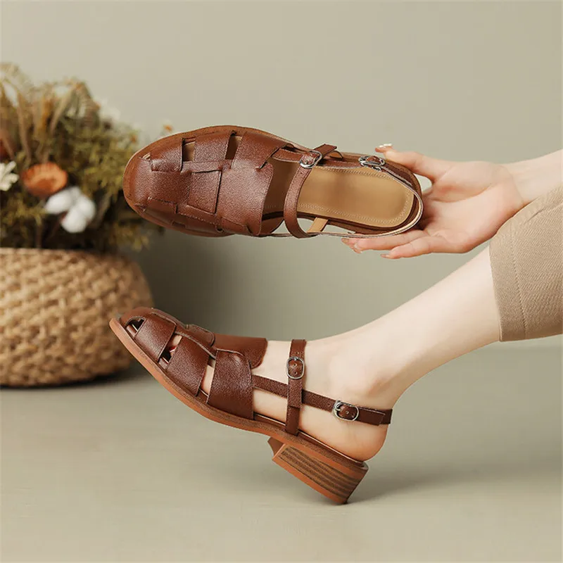 2023 Summer Sandals Cowhide Round Toe Women Sandals Chunky Heel Women Shoes Cover Toe Shoes for Women Hollow Out Roman Shoes