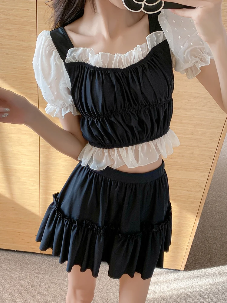 Swimsuit Female Summer Conservative Student Sweet Ruffles Splicing Split Swimsuit Korean  2025 New Water Park Fairy Swimwear