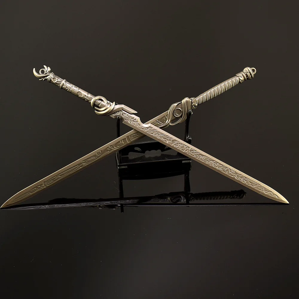 26 cm/10.24in Koud Wapen Zwaard Anime Randapparatuur 2 stks/set Metalen Mannelijke En Vrouwelijke Zwaarden Wapen Set Collectible bureau Jongen Speelgoed Gift