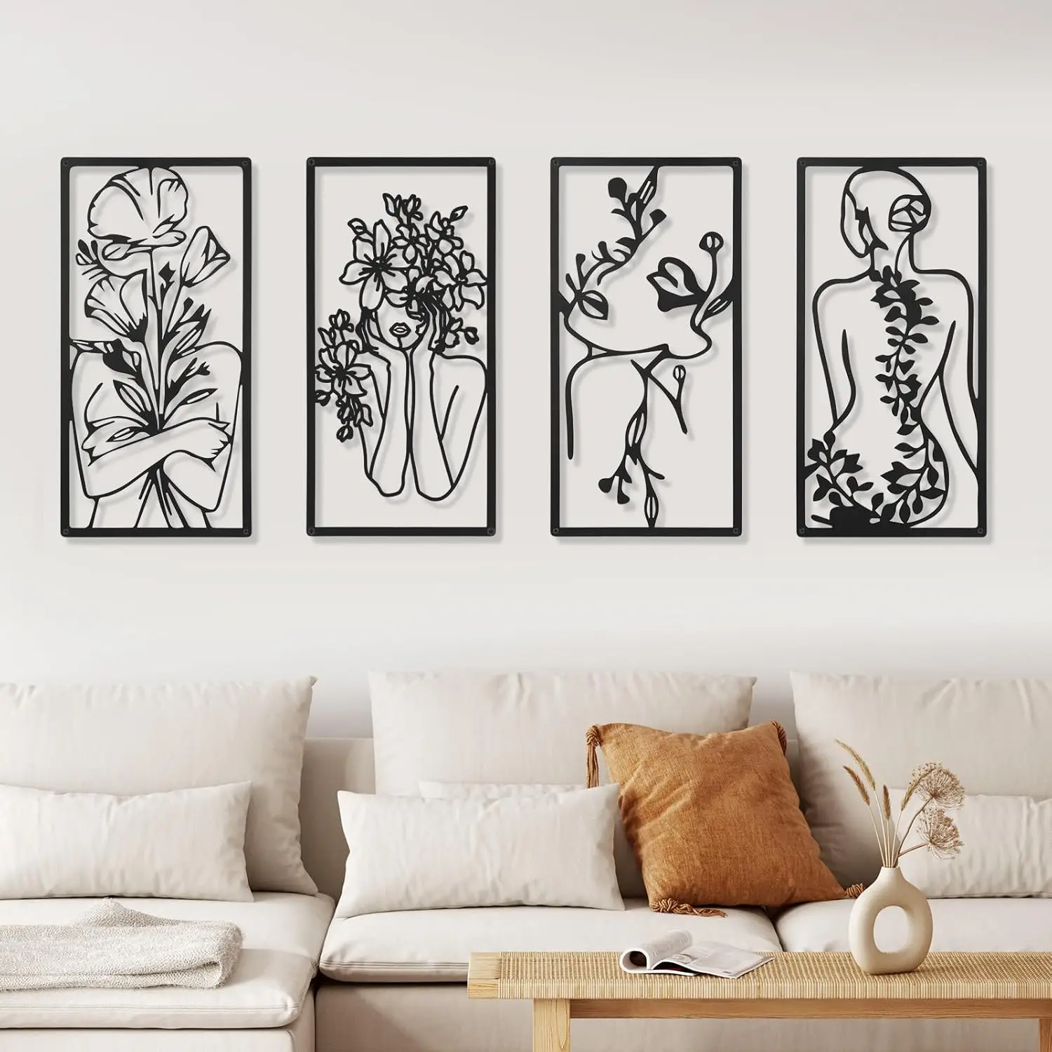 4 ชิ้นโลหะตกแต่งผนัง Minimalist บทคัดย่อผู้หญิง Wall Art Line วาดเส้นโลหะ art แขวนตกแต่งบ้าน