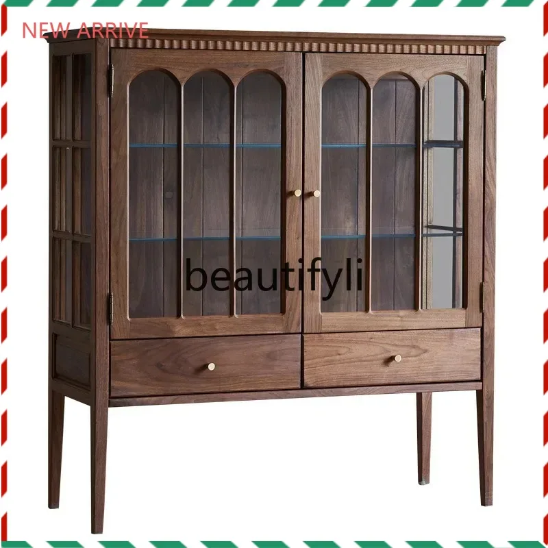 

D2520 All solid wood glass wine cabinet retro display cabinet with lamp figure ceramic storage cabinet