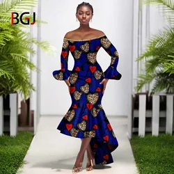 BGJ African Clothes for Women Ankara Print Long Sleeve One Shoulder Elegant Dresses High Waist Dashiki Party Wedding Attire