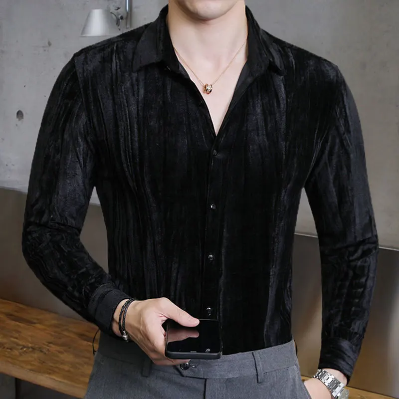 Solid Color Simple Shirt Pleated Slim No Iron Shirt Men Camisa Hombre Shirt Long Sleeve Fashion Business Formal Dress Shirt