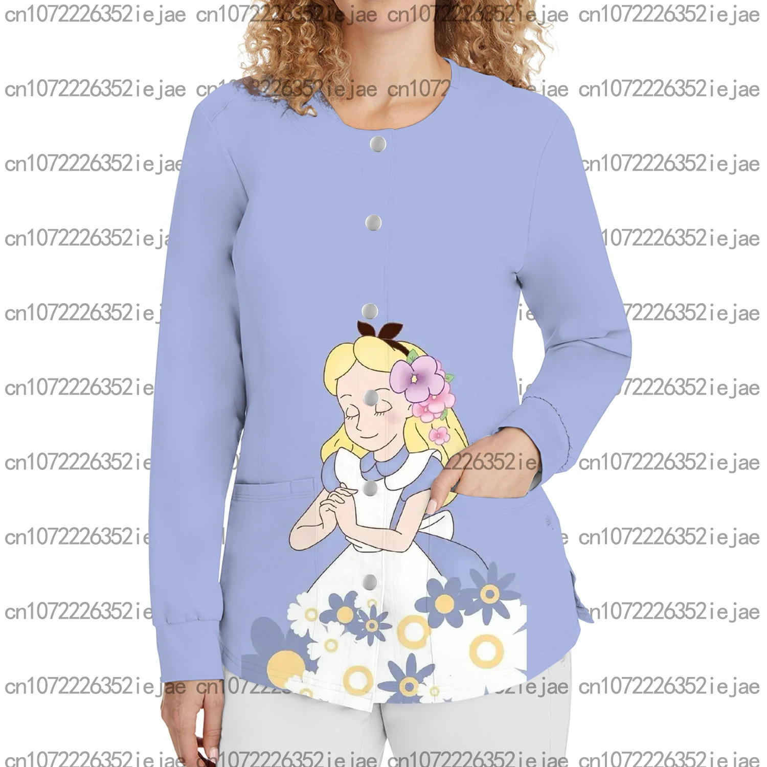 الخريف المرأة ركاب الملابس ديزني طباعة الأميرة أليس المرأة جولة الرقبة زر سترة سترة طبية ممرضة أعلى