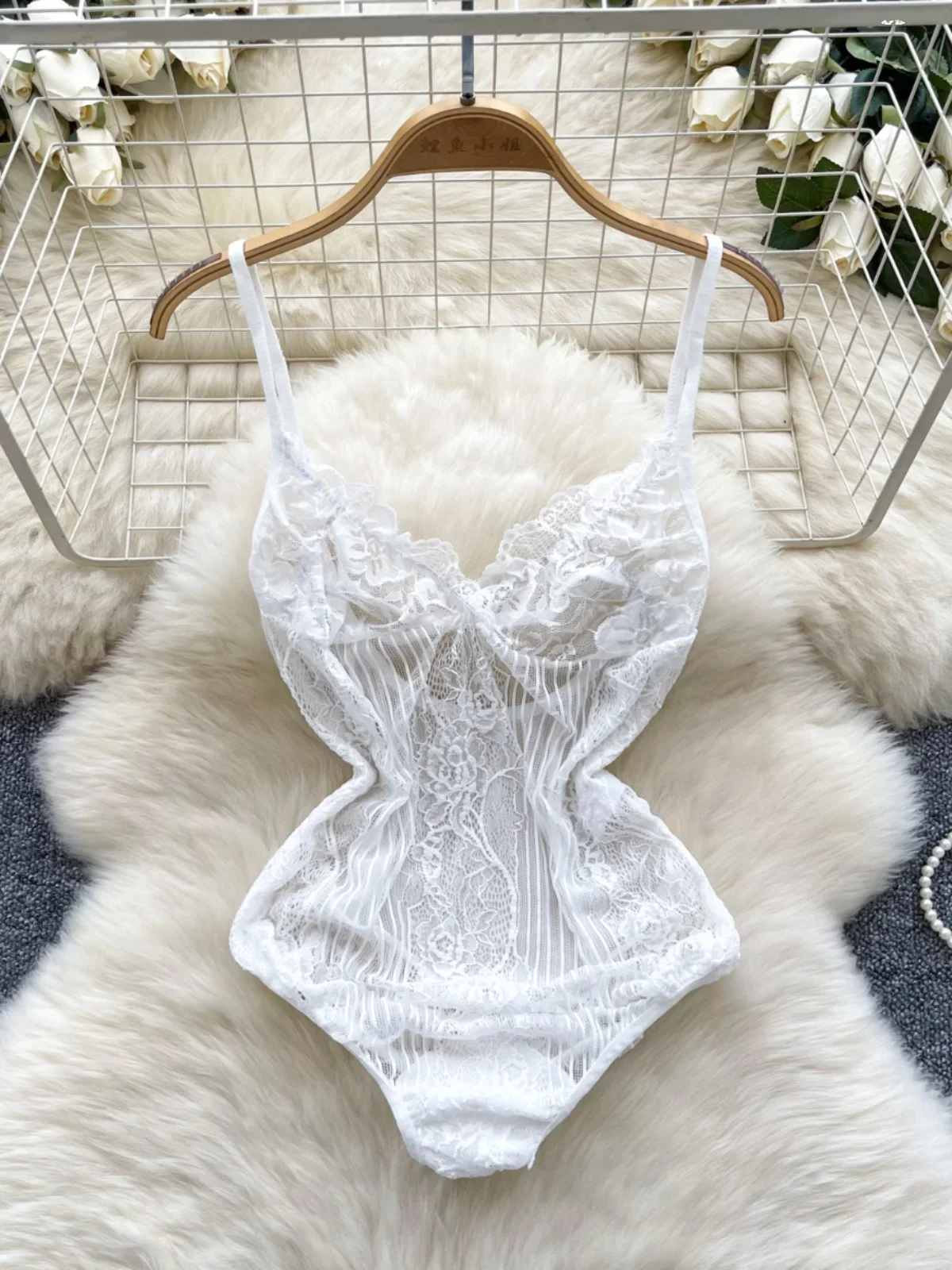 Foamlina Ins Hot Sexy Camisole Jumpsuit for Women Show Thin Cut See Through Lace  Slim Fit Base White Bodysuit Top Underneath