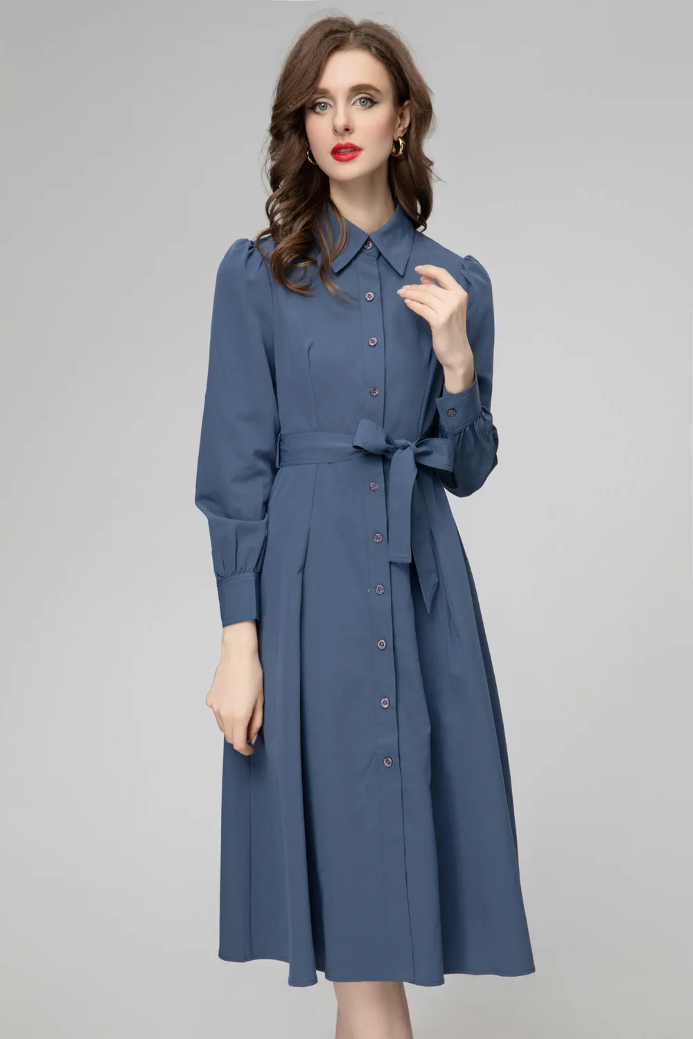 ZJYT Women\'s Long Sleeve Blue Midi Shirt Dress Spring 2024 Designer Fashion Single Breasted Casual Dress Office Lady Vestidos