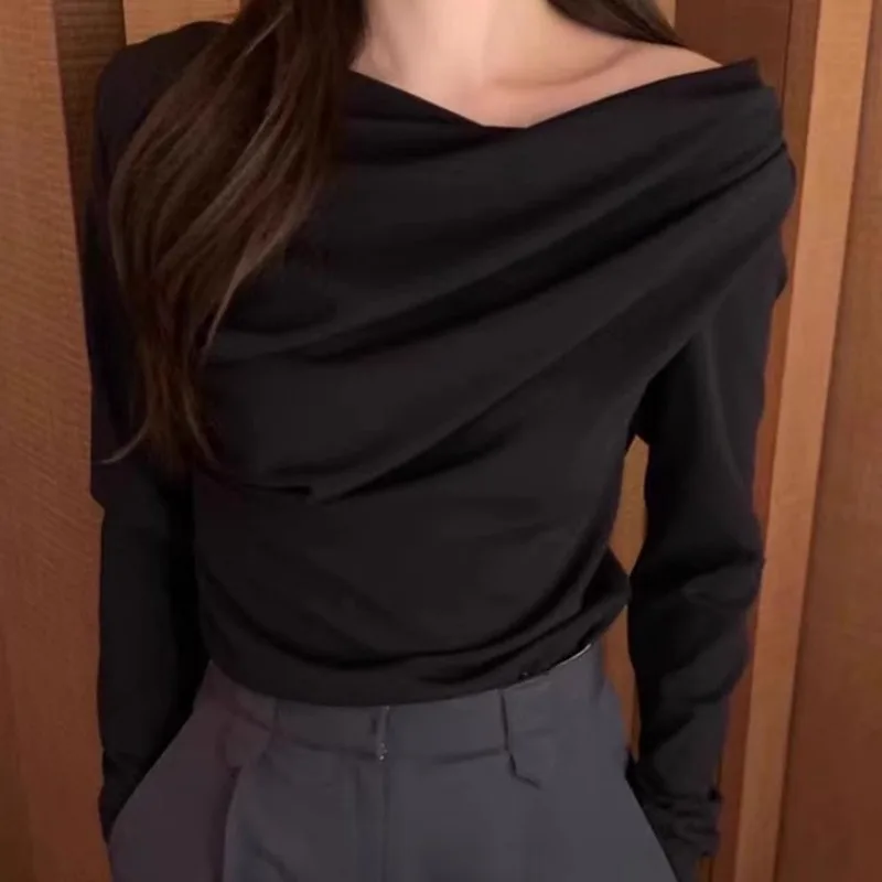 Neploe Skew Collar Off Shoulder T-shirts 2024 Spring New Slim Fit Ruched Tops Women Y2k Long Sleeve All-match Tee Shirt