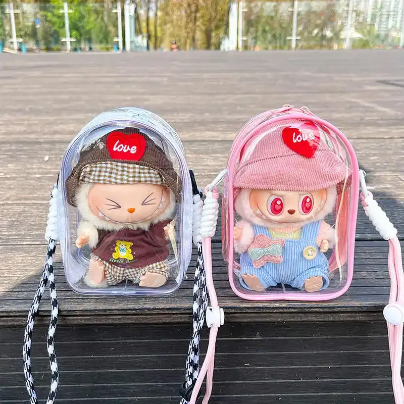 Protect Case For 15cm Labubu v2 sitting party cotton doll outfit crossbody pain bag pvc storage bag Dolls Display Bag Dustproof