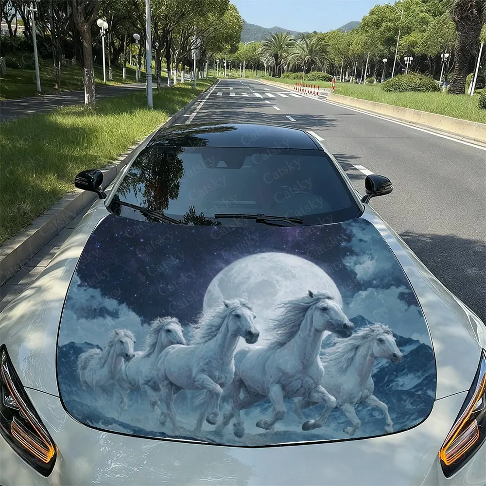 Etiqueta engomada colorida del vinilo del abrigo del capó del coche del grupo de caballos blancos de la luz de la luna para camiones, gráficos decorativos del capó y accesorios de automóvil, coche