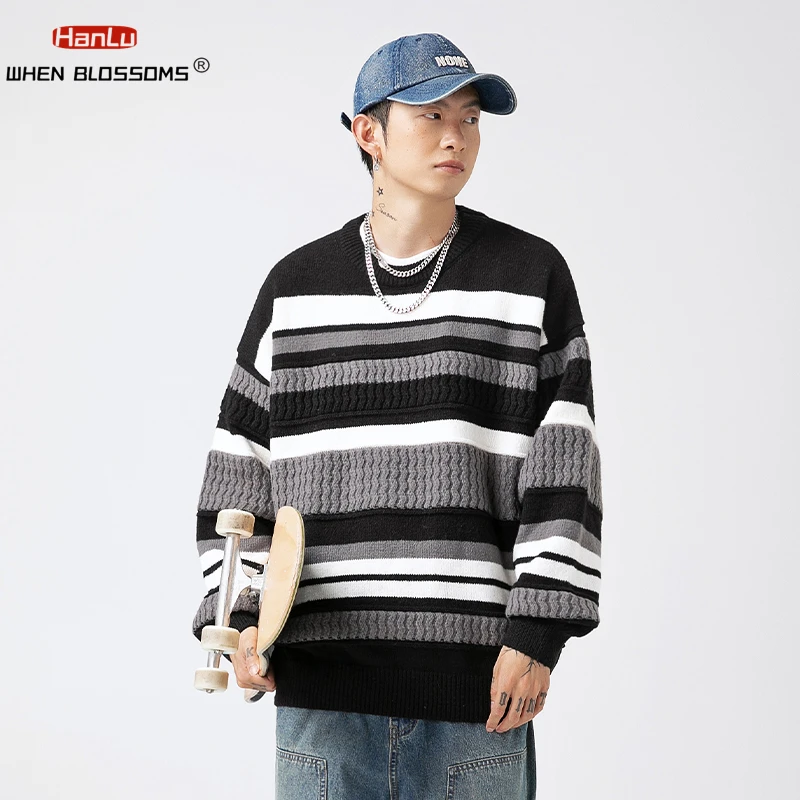 2023 Autumn Winter New Men/Women Knitted Sweater Casual Couple Striped Sweater Thick Warm Knit Loose Black Wool Pullovers Coats