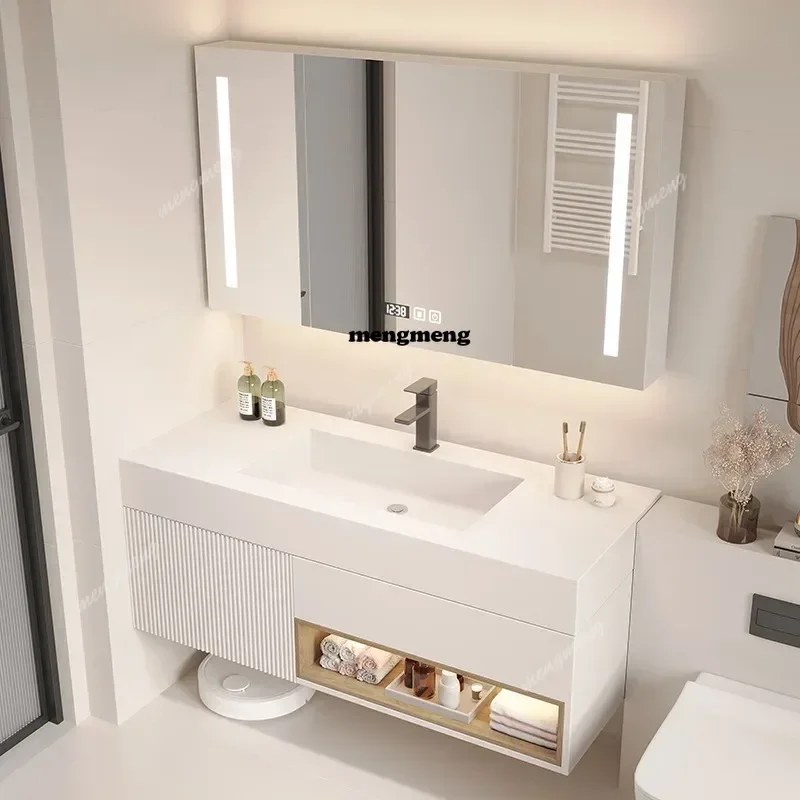 Top selling Pure white rock slab seamless basin bathroom cabinet combination washstand intelligent simple cream wind