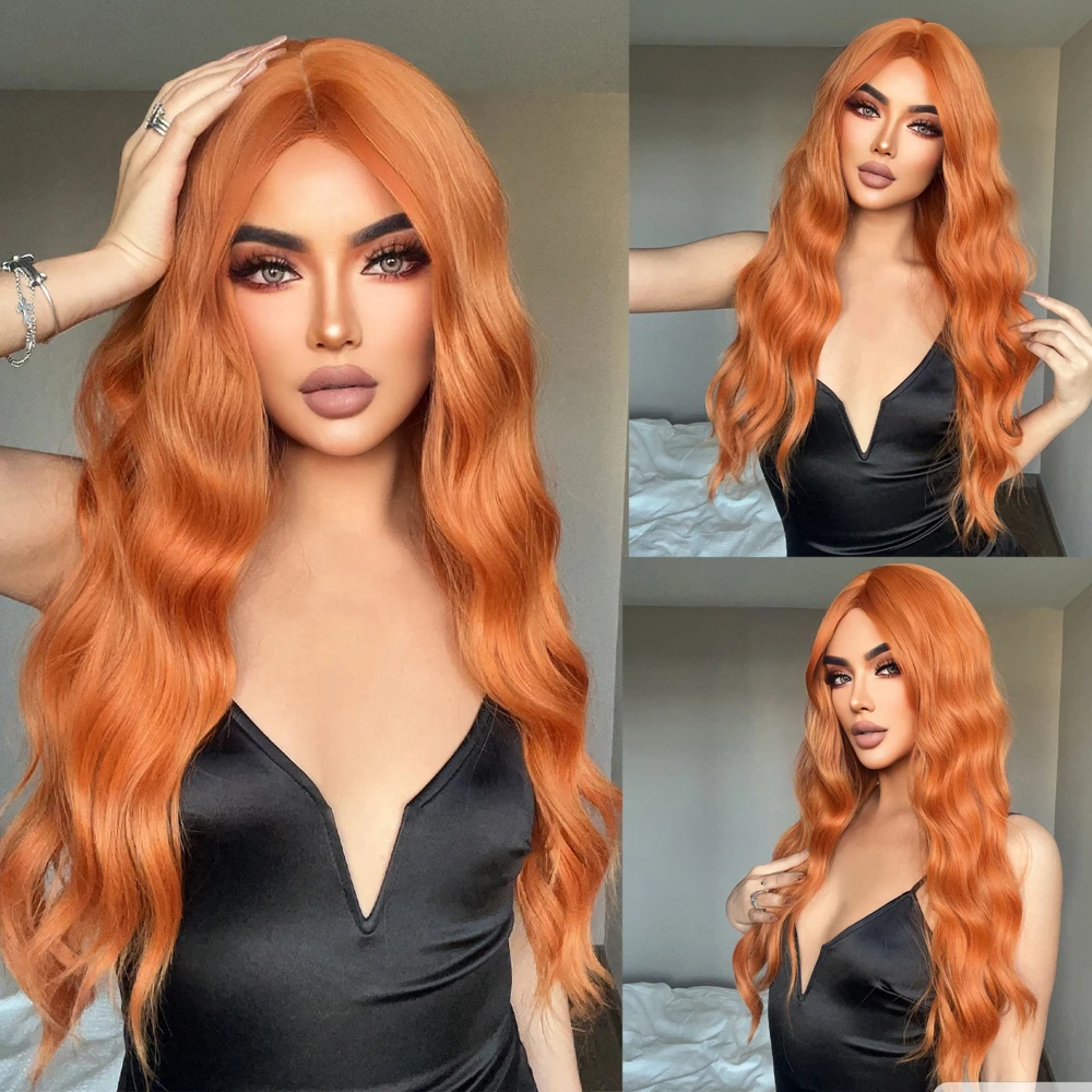 Copper Ginger Orange Long Water Wave Synthetic Wigs with Bangs for Women Cosplay Party Curly Wave Hair Wig Heat Resistant Fiber