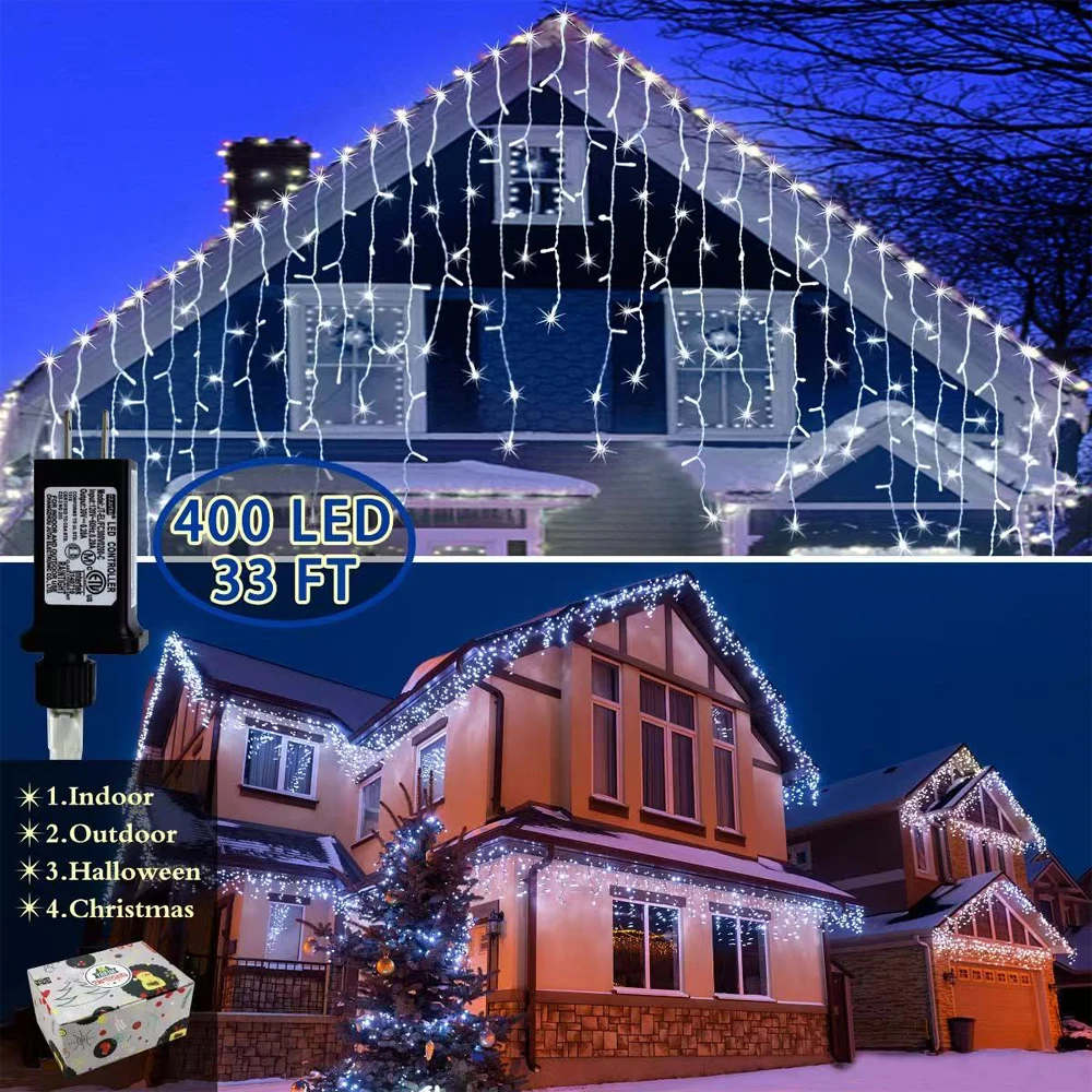 10M Curtain LED Icicle String Lights EU Plug Christmas Garland Droop Light Wedding Garden Street Outdoor Decorative Lighting