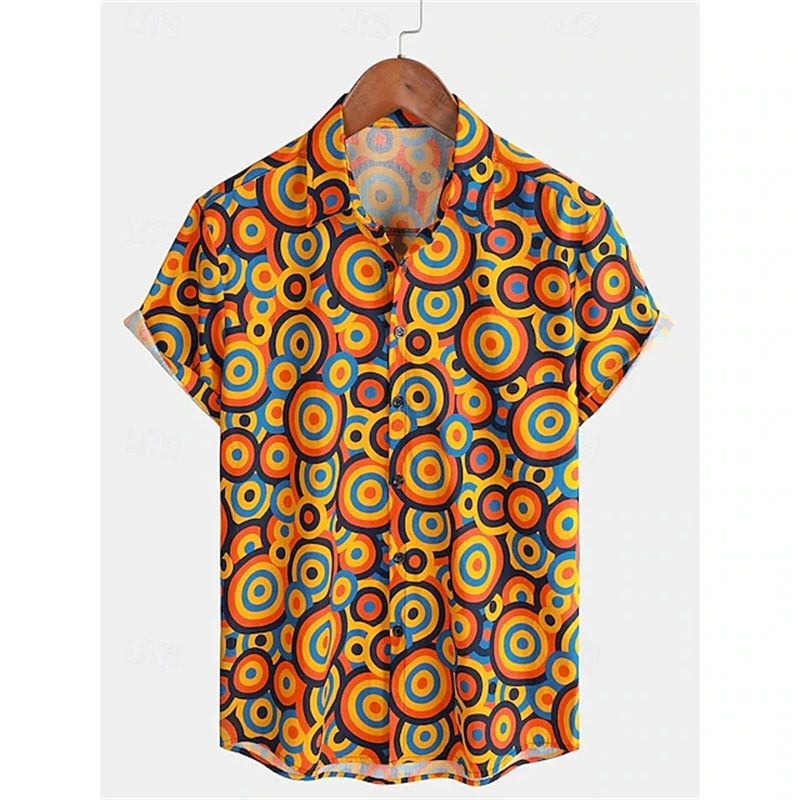 الرجعية الكلاسيكية 70s نمط طباعة قميص بأكمام قصيرة للرجال عارضة التلبيب زر قميص 3D المطبوعة البوليستر أزياء الشارع قميص