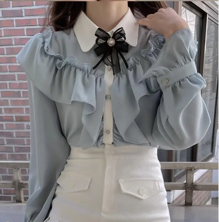 2023 Fairy Princess Design Girls Women Ruffles Dot Shirt Ribbon Bow Tie Cute Japan Preppy Style Tops Blusas