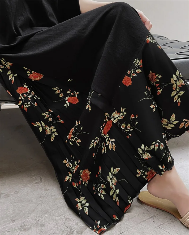 Vestido informal holgado de verano para mujer, vestido largo ajustado con costuras florales, vestido falso de dos piezas de manga corta, novedad de 2025