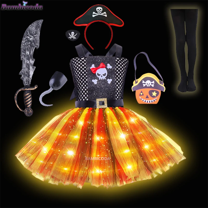 

2023 Halloween Costumes for Girls Kids LED Light up Dresses Children Pirate Costume Fantasia Infantil Captain Cosplay Clothing