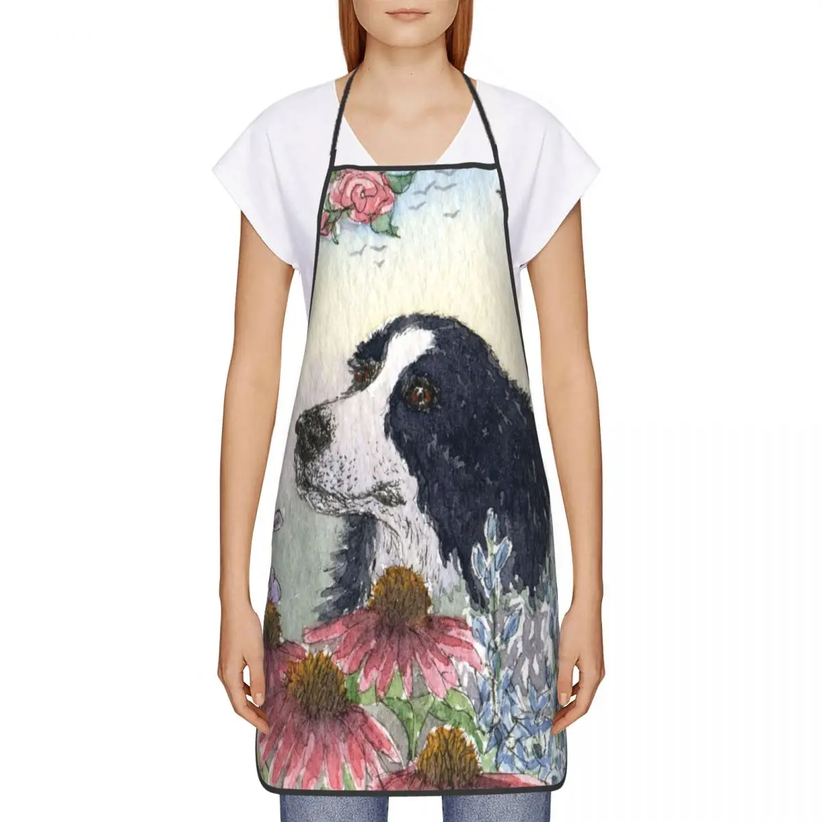 Cute Border Collie Dog Flower Apron Women Men Unisex Bib Animal Pet Kitchen Cooking Tablier Cuisine Chef Baking