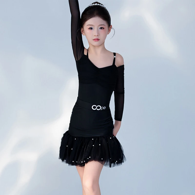 بدلة رقص لاتينية مكشوفة الأكتاف للفتيات ملابس أداء سوداء بأكمام طويلة تنورة شبكية للأطفال ملابس رقص لاتينية 2570