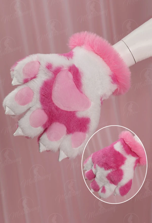 

Mobbunny Women Pink Tie-dye Furry Paw Gloves Milk Cow Cosplay Lingerie Accessory