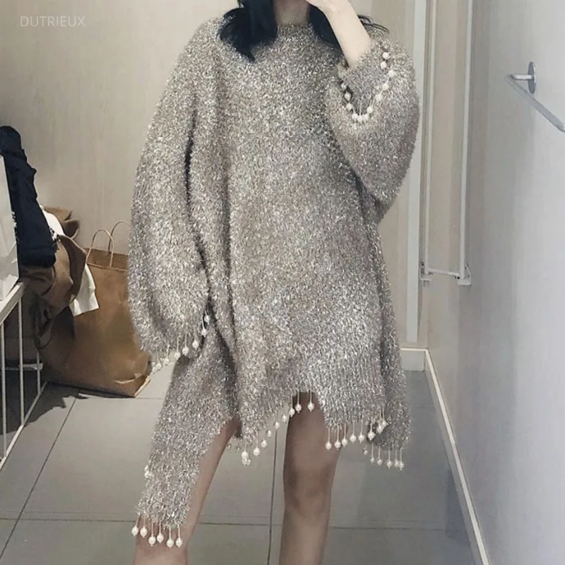Knitted Lurex Women Dresses Tassels Silver Grey Solid Spring Autumn Vestidos Mujer Loose Elegant Fashion Mini Dress