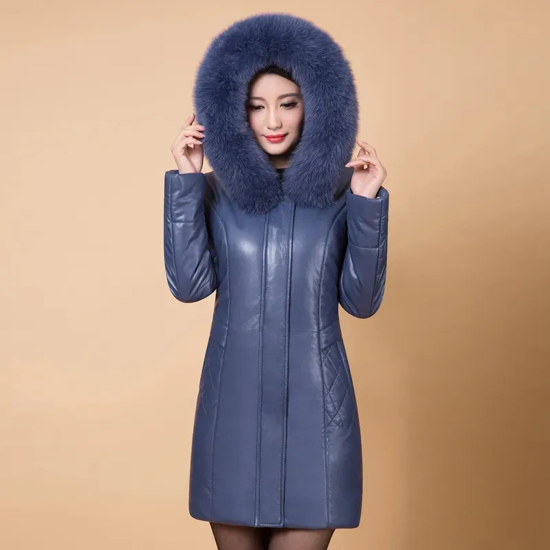 ผู้หญิงวัยกลางคน PU หนังแจ็คเก็ตฤดูหนาวใหม่ Thicken WARM หนัง Parkas Coat ขนสัตว์ Hooded ลงผ้าฝ้าย Overcoat หญิง