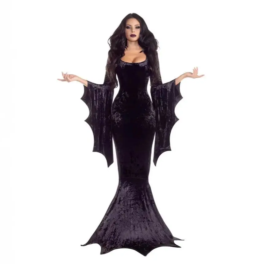 

Halloween Bat Witch Cosplay Costume Woman Black Velvet Dresses Makeup Ball Vampire Long Dress Carnival Party Performance Outfits