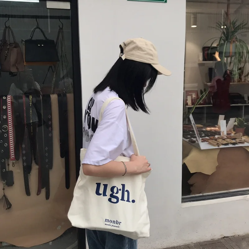 Casual Large Capacity Shoulder Bags Shopper Canvas Letter Fashion Harajuku Zipper Print Ulzzang Handbags Cheap Women Tote Bag