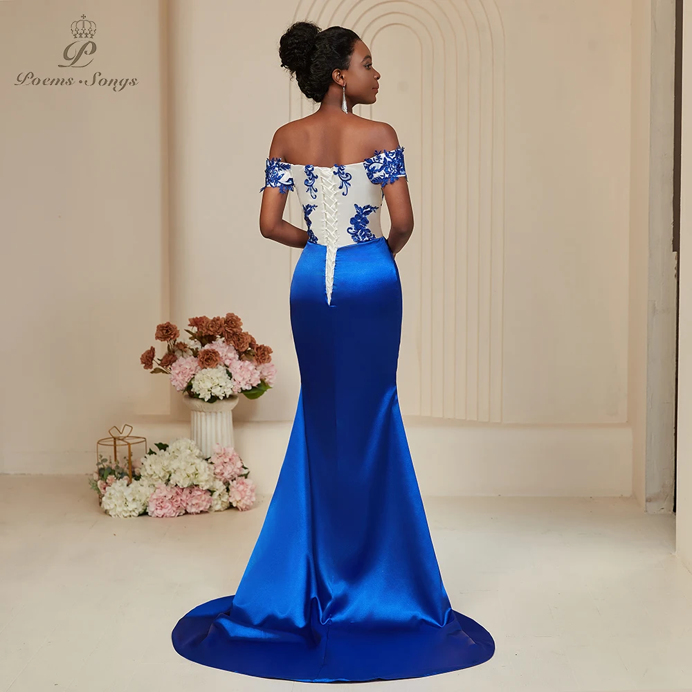 Poemssongs Elegant Off-Shoulder Mermaid Dress Luxurious Satin in Blue with Beautiful Lace Embellishments Bespoke Occasion Dress